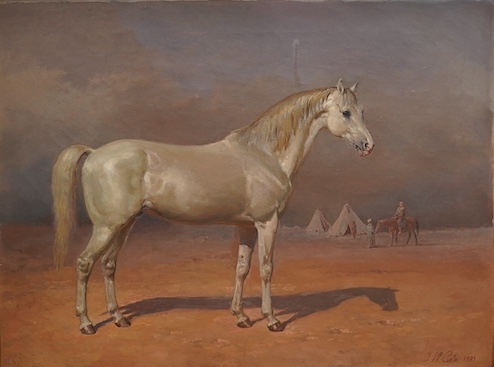 James William Cole (act.1849-1889), oil on canvas, 'The Arab Stallion 'Kahalet', signed and dated 1893, gilt framed, 45 x 60cm. Condition - fair